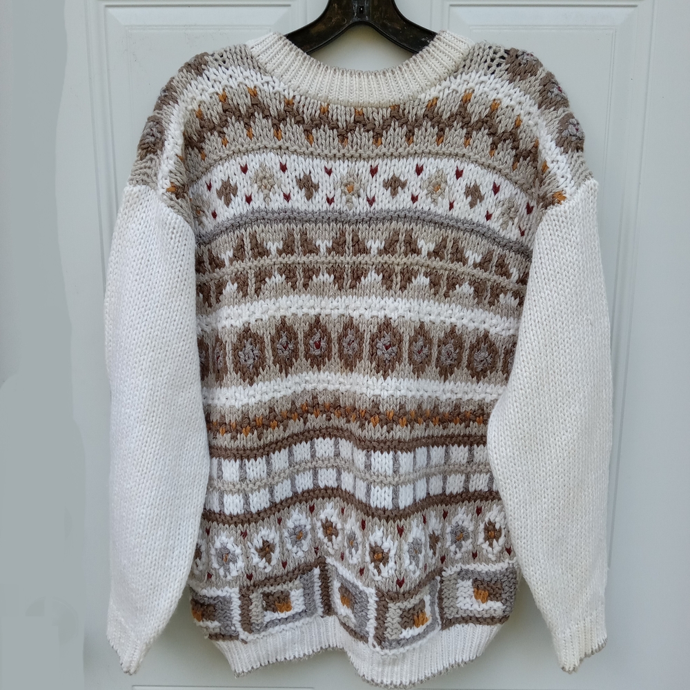 Vtg Huntington Ridge Handknit Fair Isle Cream Brown Women's Sweater Size Medium